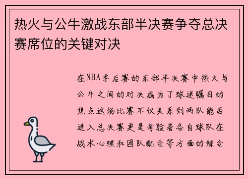 热火与公牛激战东部半决赛争夺总决赛席位的关键对决
